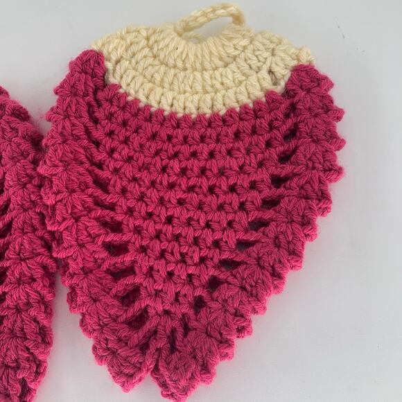 Vintage Crochet Potholders Set 2 Raspberry Yarn Beige Pink Handmade Pot Holder - Picture 4 of 5